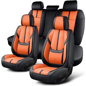 Auto Car Seat Covers Accessories Full Set Leather Cushion Protector Breathable Waterproof Seat Cover for Cars Universal Fit (Black&Orange, FullSet Without Headrest)