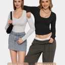 MANGOPOP Scoop Neck Long Sleeve Tops for Women Sexy Slim Fitted Going Out T Shirt Tops Cropped (Black, L)