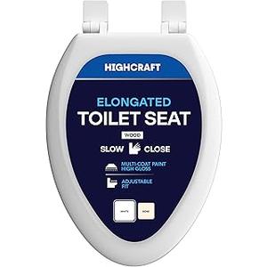 HIGHCRAFT Premium Elongated Toilet Seat with Slow-Close Design & Adjustable Hinges - Molded Wood Toilet Seat - Fits Standard Elongated Toilets - Oval Seat in White16-3/4 in × 13-3/4 in