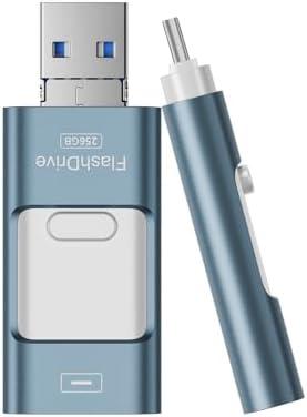 Flash Drive for iPhone 256GB, 4 in 1 USB Type C Memory Stick, Photo Stick External Storage Thumb Drive for iPhone iPad Android Computer, Sky Blue