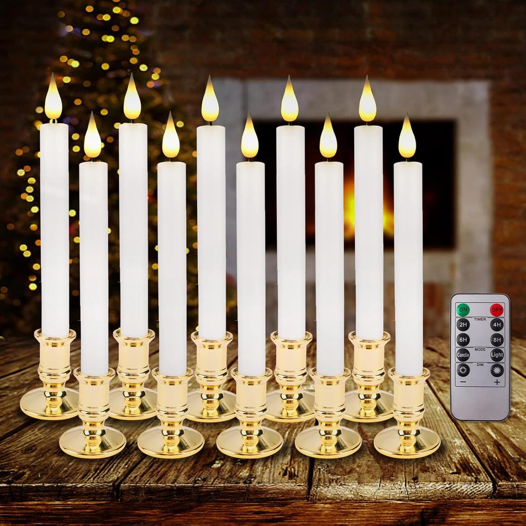 Flameless Window Candles with Remote Timer 10 PCS Battery Operated LED Flickering Taper Candle Lights with Removable Gold Candle Holders Best Gift for Xmas Wedding Home Dinner Decor