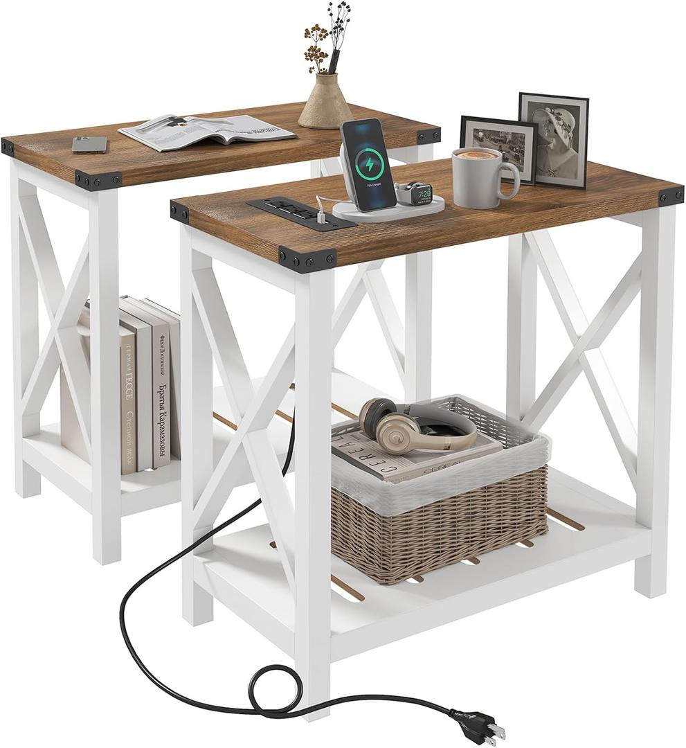 Hadulcet Farmhouse End Tables Living Room Set of 2, Narrow Side Table with Charging Station, Slim Nightstand for Small Space, Skinny Bedside Table, Sofa Side Table with Storage Shelf, White & Brown, 23.62 Inches X 11.8 Inches X 23.62 Inches