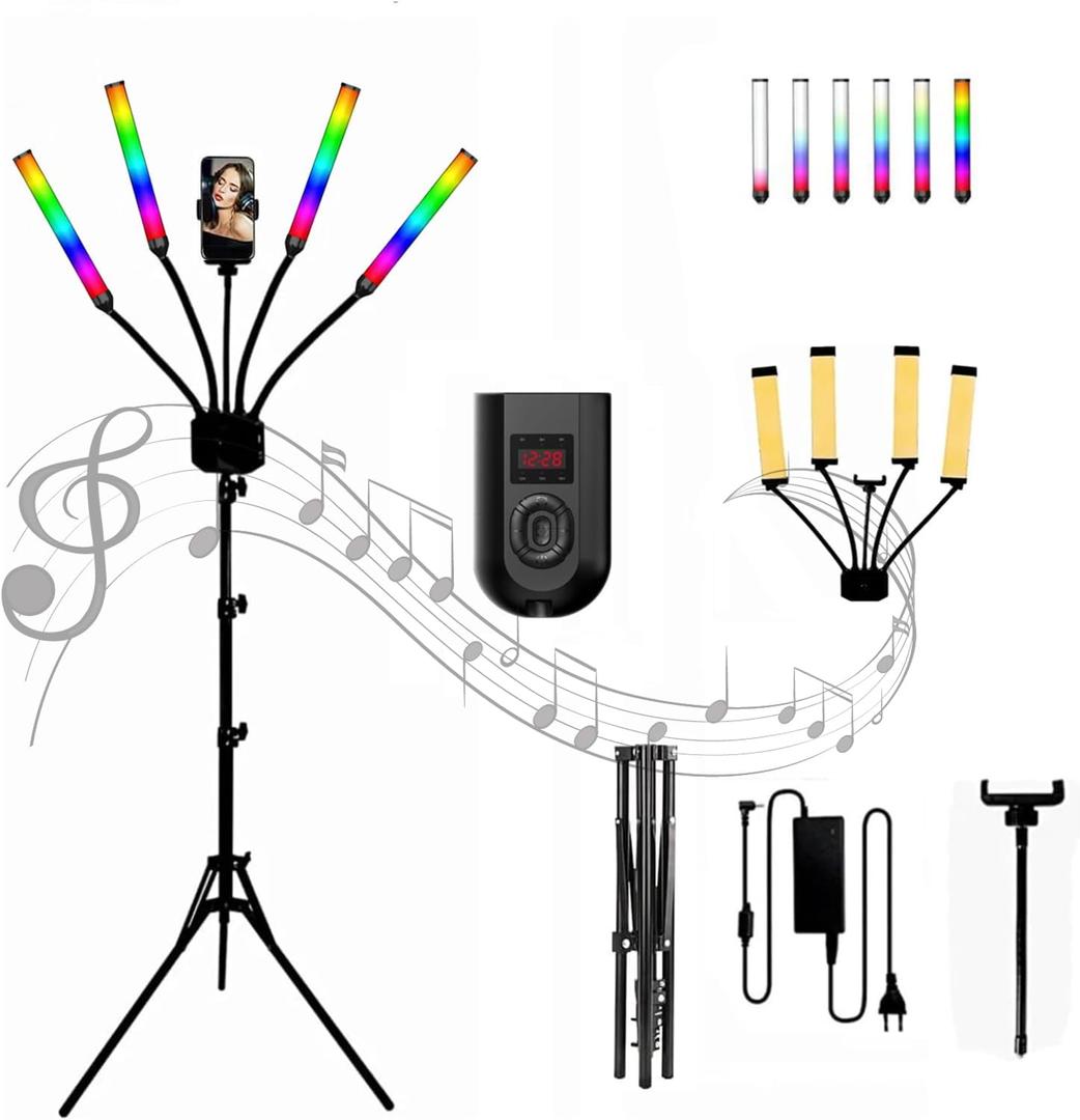 Four Arms RGB LED Light: 2700k-6500k Fill Light with Sound Sensing, Tripod Selfie Light for Photo/Lighting/Stream with Timer