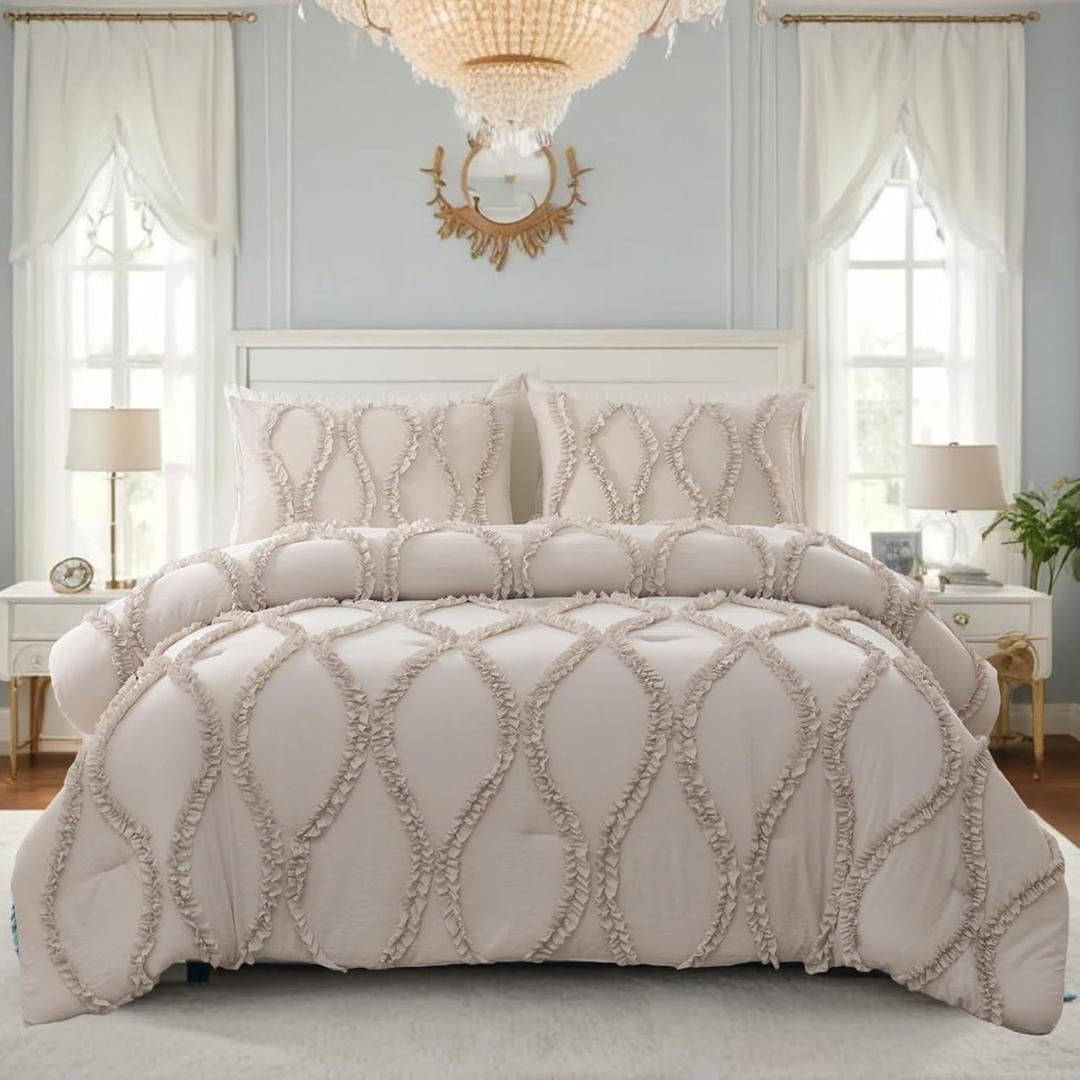 Bedbay Taupe Queen Comforter Set 3 Piece All Season Shabby Chic Ruffled Bedding Comforter & Sets Soft Microfiber Lightweight Washable Bed Set for Queen Size Bed(Tan Beige, Queen)