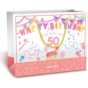 BOPLYBAY 50th Birthday Gift Bag for Women with Card & Tissue Paper - Large 13" Pink Age 50 Party Favor Bag, Fabulous 50 Year Old Gift Wrapping Present for Mom Wife Friend