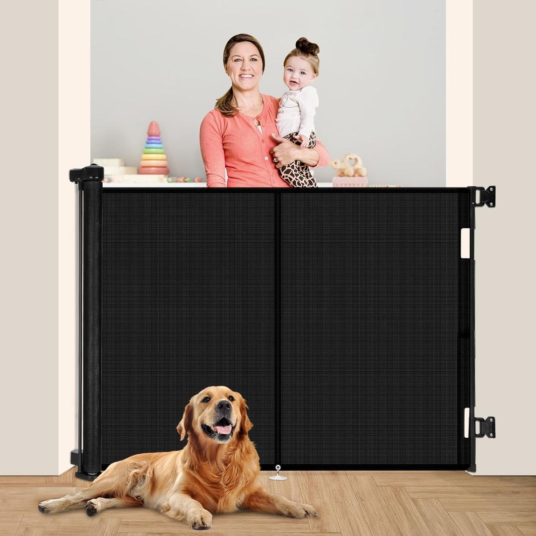 59 inch Retractable Baby Gates 48 inch Tall, Retractable Gate with Reinforced Strip Design to Prevent Crawling Through, Retractable Dog Gate for Stairs, Doorways, Hallways (Black)