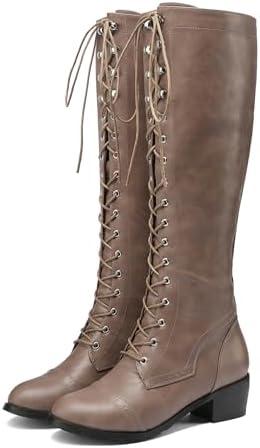 BEAUPAS Women's Knee High Combat Boots Lace Up Low Heel Military Tall Boots, 8, Grey