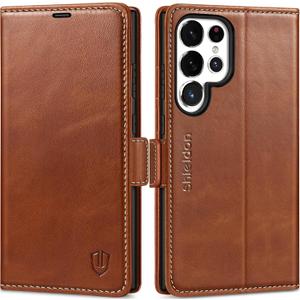 SHIELDON Case for Galaxy S25 Ultra 6.9" 2025, Genuine Leather Flip Wallet Book Case Magnetic RFID Blocking Credit Card Holder Kickstand Shockproof Cover Compatible with Galaxy S25 Ultra - Retro Brown