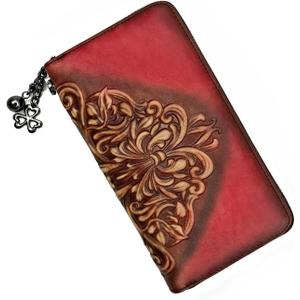Wallet Genuine Leather for Women - with RFID Blocking Card checkbook ID Slot Large Capacity Vintage style (Floral Red)