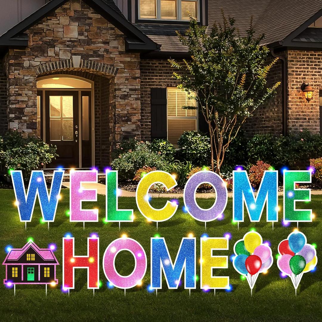 Yerliker 14 Pcs Welcome Home Yard Sign with Stakes LED Light 12.6" Welcome Home Lawn Sign Outdoor Yard Letters Decorations Patriotic Military Homecoming Party Supplies(Colorful)