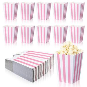 Geyoga 48 Pcs Pastel Pink Popcorn Boxes Small Large Pink and White Striped Paper Popcorn Bags Candy Containers for Birthday Party Favor Supplies(4 x 3 Inches, Small)