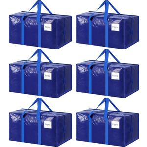 6 Pack Extra Heavy Duty Large Moving Bags with Strong Zipper & Comfortable Handles, Sturdy & Durable Clothes Storage Bags Totes Bins, Packing Moving Boxes for College Supplies, Blue