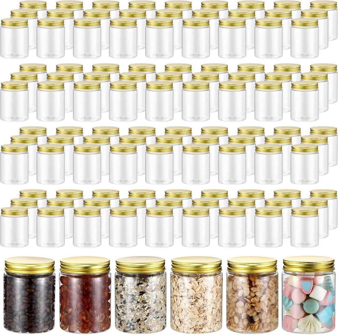 Wesiti 200 Pcs 8 oz Clear Plastic Mason Jars Containers With Screw on Gold Lids Refillable Round Empty Plastic Jars Storage Containers Reusable for Kitchen Household Dry Food Storage Honey Herb Nuts