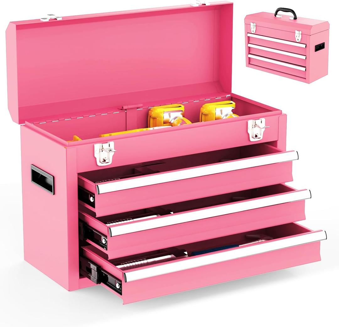 3 Drawer Metal Tool Box, Portable Metal Tool Box with EVC Liners and Latches Closure, Heavy Duty Steel Tool Chest with Ball Bearing Opening and Powder Coated Finish, Pink