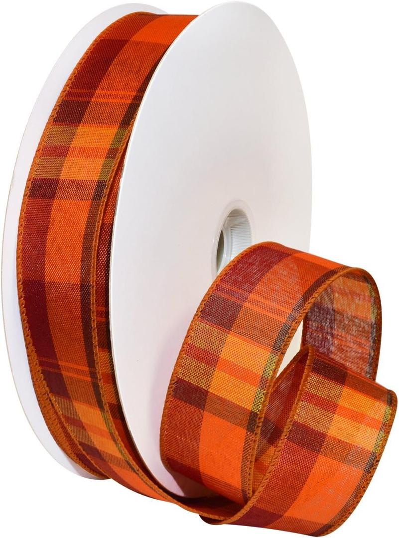 Morex Ribbon Autumn Hayride Plaid Wired Fabric Ribbon, Pumpkin, 1-1/2 in x 50-Yd