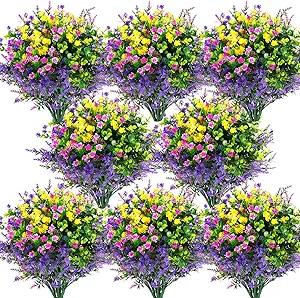 Hananona Artificial Flowers Outdoor, Faux Artificial Plants UV Resistant Plastic Flower Bulk for Hanging Planter Porch Window Home Wedding Fall Summer Decor (24, Fuchsia, Purple, Yellow, Green)