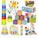 6 in 1 Montessori Toys for Babies Newborn Stacking Block Soft Infant Ring Shape Learning Sensory Bin Pull String Teething Toy Tissue Box for Toddlers 18M+ 2 3 Year Old Boy Girl Gift