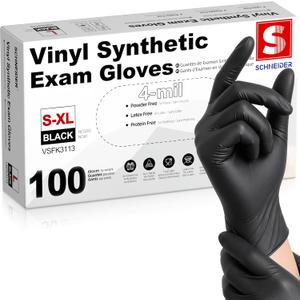 Schneider Vinyl Synthetic Exam Gloves, 4 Mil, Latex Free Disposable Gloves for Medical, Cooking, Cleaning, and Food Prep (03 Black(large 100))