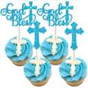 Gyufise 24Pcs God Bless and Baptism Cupcake Toppers Cross God Bless Cupcake Picks Christian Party Cake Decoration for Christian First Communion Baptism Party Supplies Blue