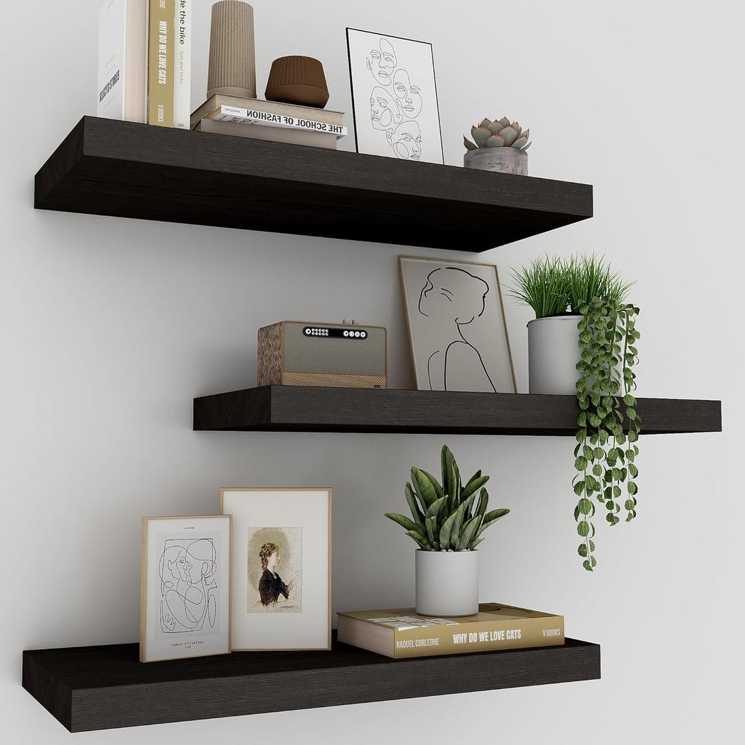 Floating Shelves for Wall Set of 3, 16" Black Wall Shelves for Home Decor, Frame Display Floating Shelf for Living Room, Bedroom, Bathroom, Kitchen
