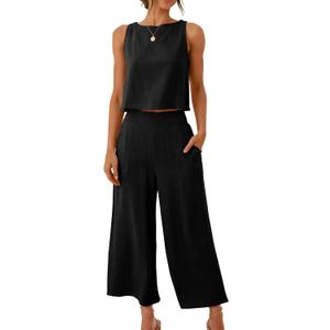 ANRABESS Women's Summer 2 Piece Outfits Sleeveless Crop Top Capri Wide Leg Pants Jumpsuit Linen Lounge Beach Travel Sets (Medium, Black)