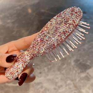 Frinnovan, 1 Pack Rhinestone Hair Brush Detangling Bling Detangle Massage Sparkle Compact Comb Crystal Air Cushion for Women Wet Dry (Pink-Small-Round)