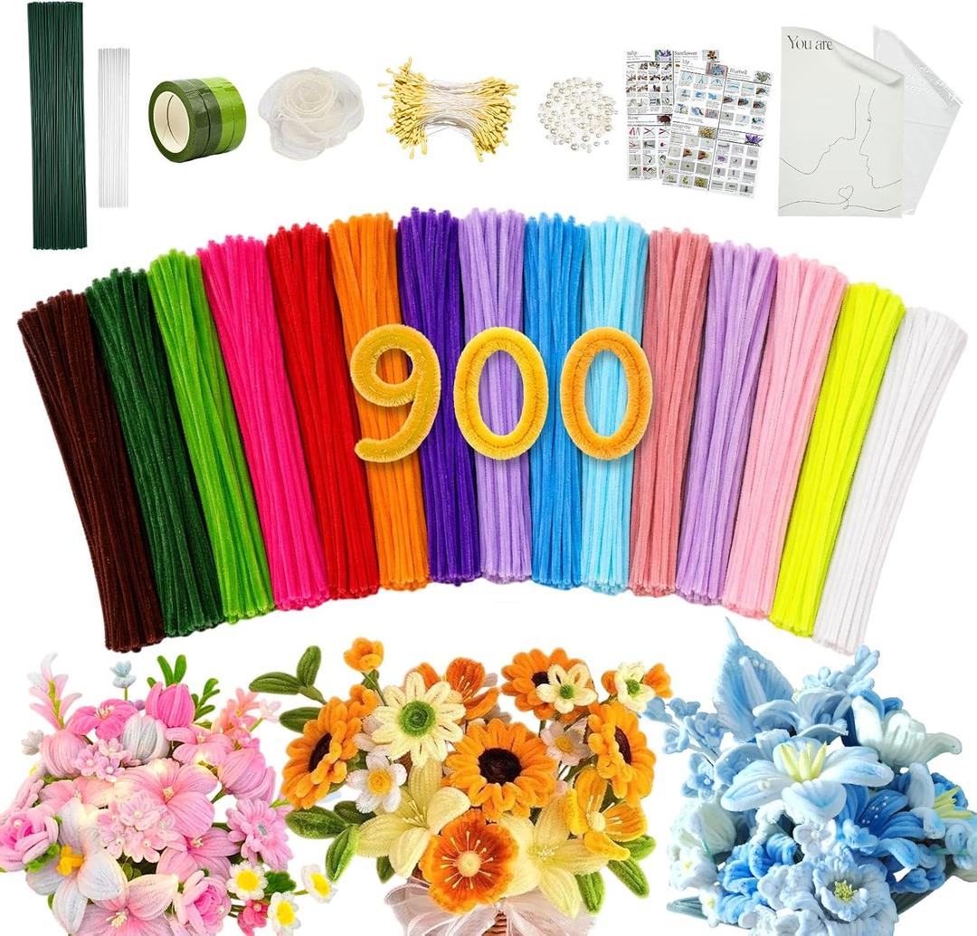 900 PCS Pipe Cleaners Bulk, 15 Colors Pipe Cleaner Flower Kit, Limpia Pipas