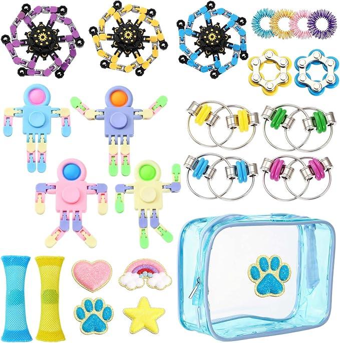 RoundFunny 28 Pcs Sensory Fidget Toy Set Reusable Stress Relief Sensory Toys for Adults Gifts for Prizes Stocking Stuffers Birthday Party Favors Supplies