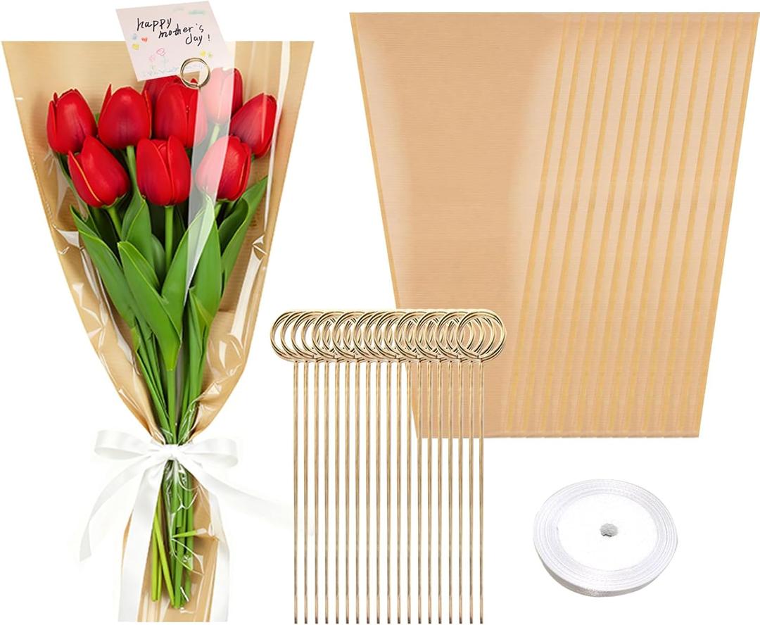 HJORZMM 50 PCS Flower Bouquet Wrapping Bags Paper with 50 PCS Floral Card Holder Picks and Ribbons, Flower Wrapping Brown Paper Sleeves for Flower Bar, Mother's Day, Graduation, Valentine, Birthday