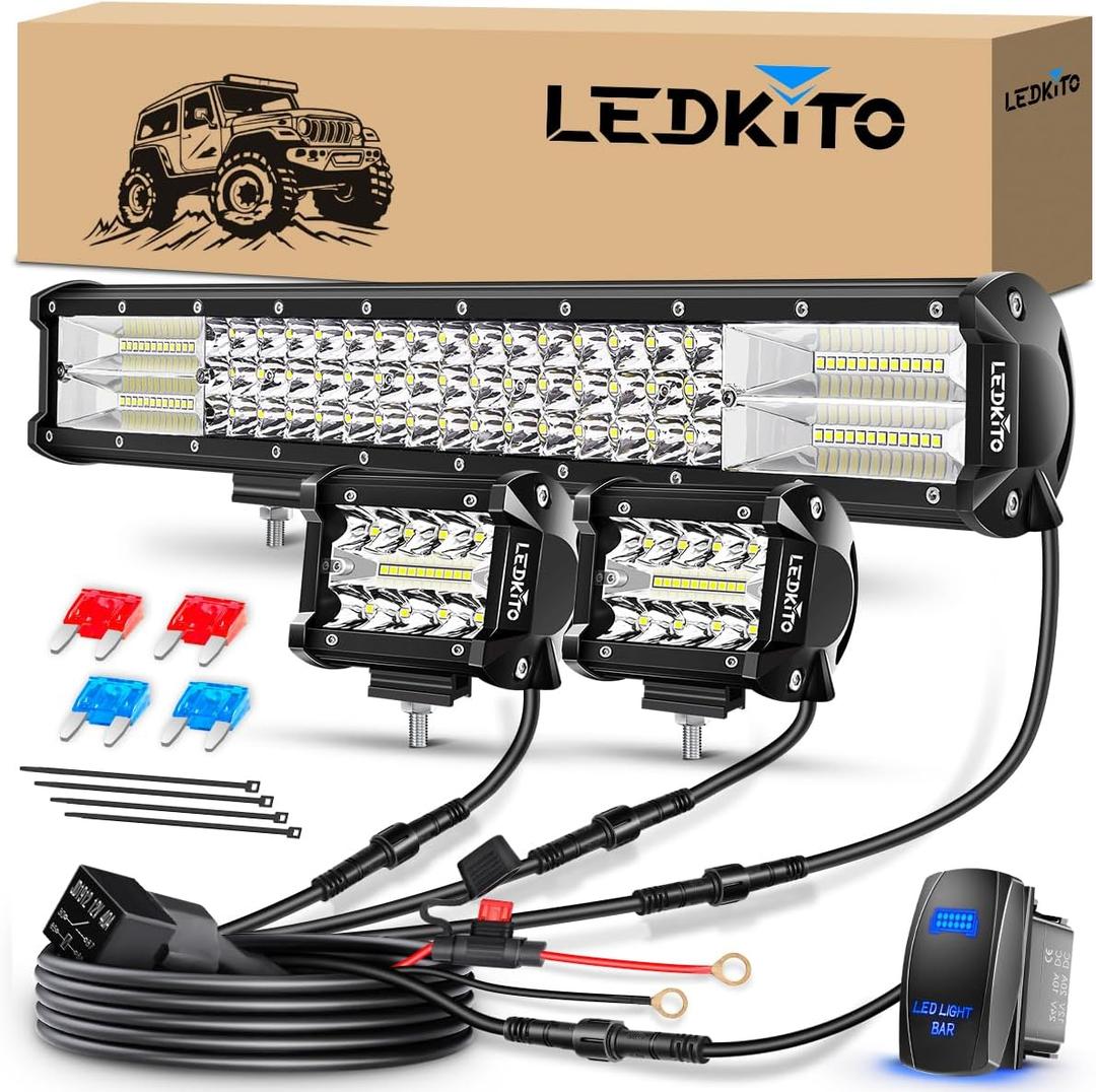 20 inch LED Light Bar and 2PCS 4 Inch LED Pods with Switch 20AWG 3 Leads Wiring Harness Kit Triple Row Spot Flood Combo Light Bar Pods Kit for Off Road UTV ATV Pickup Trucks Boat