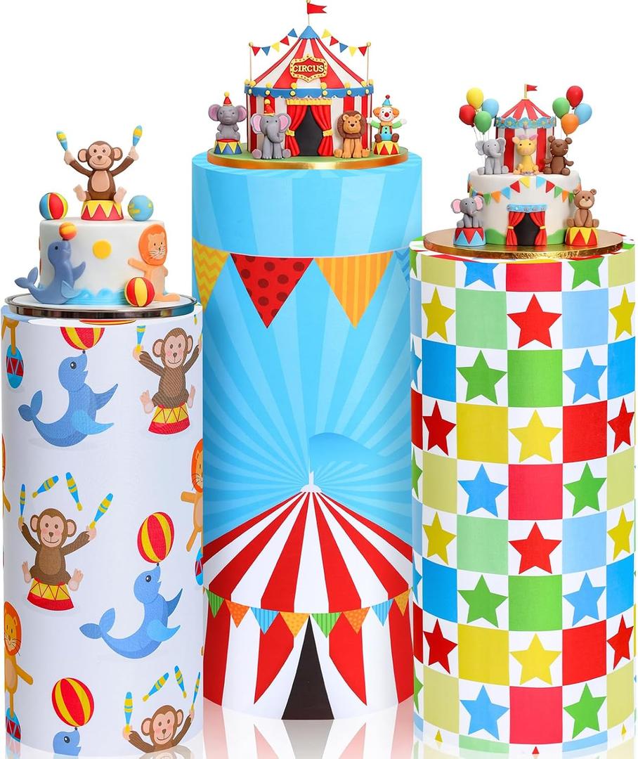 Mindsoft Set of 3 Carnival Circus Spandex Cylinder Stand Covers for Party, Flexible Cylinder Pedestal Covers, Dessert Tables Display for Birthday Party Wedding Backdrop Decor(Multicolor, Carnival)