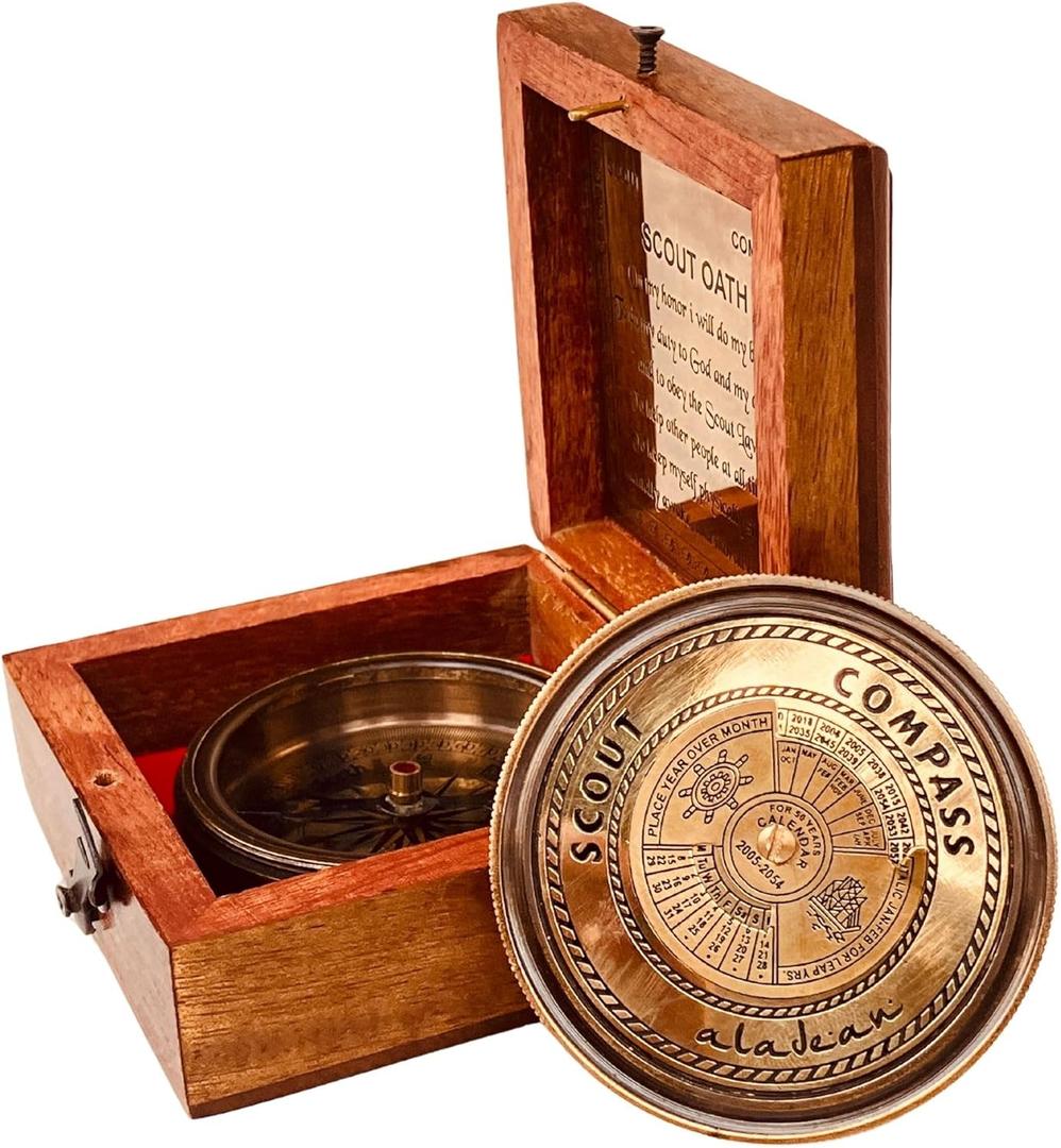 Scout Compass Gift Boys - Engraved Scout Oath Compass in wood Box Scout Always Prepared Camping Orienteering Compass, Hiking Backpacking Compass Gift, 50 Year Calander
