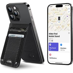 HiWe for MagSafe Wallet Stand with Find My, Anti-Lost Strongest Magnetic Wallet for iPhone 17/16/15/14/13/12 Series, 9 Cards Holder, Leather RFID, Carbon Fiber Black