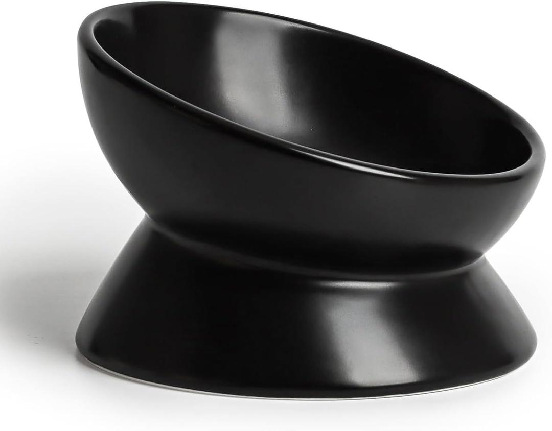 YINGFAN Cat Bowls Ceramic Elevated Cat Bowls with Tilted Design Anti Vomiting Raised Bowl for Indoor Cats (Black, 5oz)