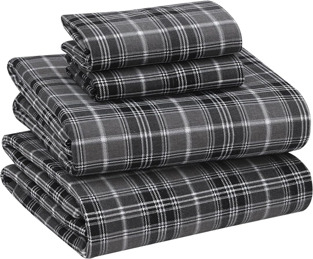 RUVANTI Flannel Sheets King Size - 100% Cotton Brushed King Size Sheets Set - Deep Pockets 16 Inches Bed Sheets - All Seasons Breathable & Extra Soft - Warm & Cozy, 4 Piece, Grey Plaid