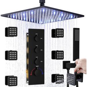 Full Body Rain Shower System - 16inch Matte Black LED Rain Shower Thermostatic Faucet Set - Spray Jet with On-off Switch, Can Run Together