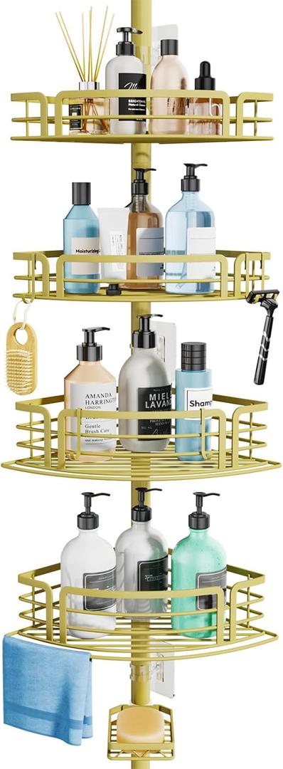 Consumest Corner Shower Caddy Tension Pole - Rustproof Shower Shelves with Towel Bar & Soap Holder, Adjustable Bath Organizer for Bathroom Storage, 27.6-108.3 inch, Gold
