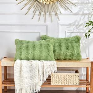 Faux Rabbit Fur Throw Pillow Covers 24x20 Inch Sage Green - Thick Bubble Fluffy Fuzzy Decorative Cushion Cover for Sofa Bedroom - Soft Plush Pack of 2 Pillow Cases