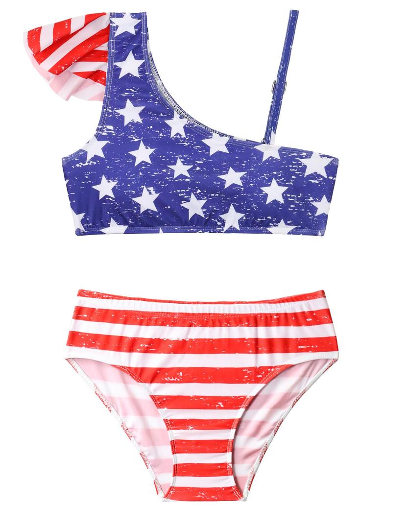 Nokecina Girls Bathing Suit Size 12-14 Years Old Blue White Stars Ruffle Bikini Set 2 Piece Swimwear for Beach