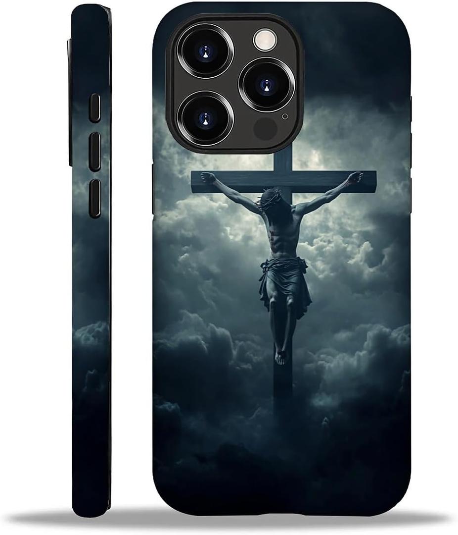 CARLOCA for iPhone 16 Pro Compatible with Magsafe Full Body Protective Glossy Case, for Girl Boy Shockproof Magnetic Charge Esthetics Pattern Large Cross Jesus Dark Sky Clouds