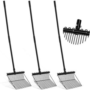 Lasnten 3 Sets Metal Manure Fork with Long Metal Handle Pitch Fork Manure Rake Black Heavy Duty Muck Rake for Gardening Horse Stall Stable Grass Hay Cleaning Farm Work