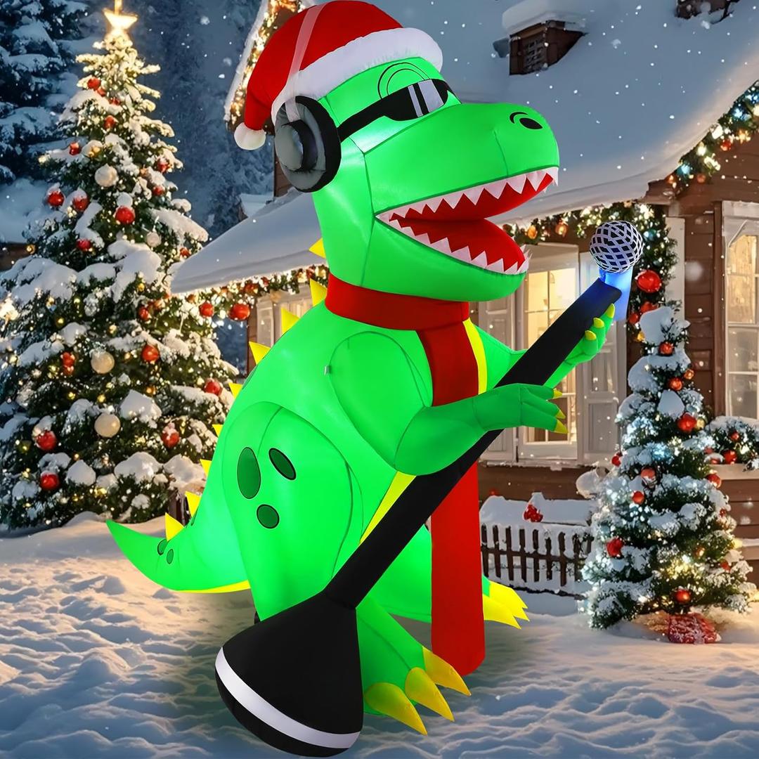 TCFUNDY 6.5FT Christmas Inflatable Dinosaur Singing Outdoor Patio Decoration, Giant Dinosaur with Built-in Bright LED Lights for Christmas Holiday Garden Lawn Decoration