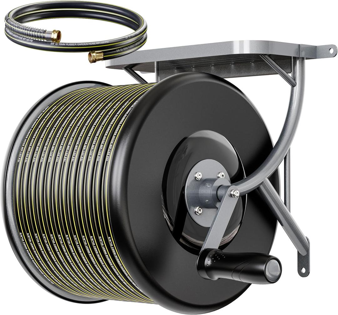 Heavy Duty Wall Mounted Garden Hose Reel Durable Steel Construction, Come with 130ft Rubber Garden Hose & 5ft Lead-in Hose, Brass Fittings, Easy Crank Handle, Weather Resistant