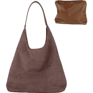 Suede Tote Bag, Brown Slouchy Suede Bags for Womens Tote Bag Work Purses Crescent Bag Suede Handbag Travel Winter Fall (Coffee)