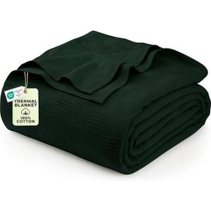 A queen-size green blanket with an all-over pattern.