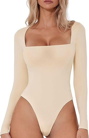 QINSEN Women's Sexy Square Neck Bodysuit Long Sleeve Double Lined Shirt Tops, Size L