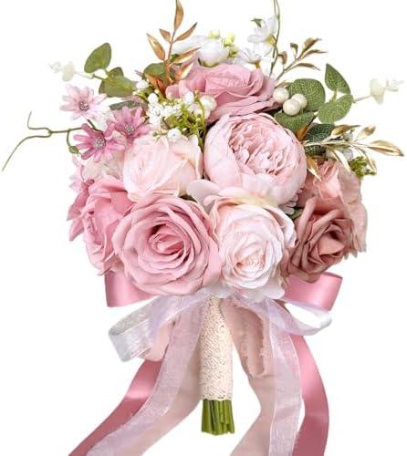 9 Inch Blush Pink Wedding Bouquets for Bride Bridesmaid, Artificial Fake Dusty Roses Gold Flowers Pearl Bridal Bouquet Pastel Spring Boho Rustic Wedding Decoration Toss Bouquet Prom Anniversary