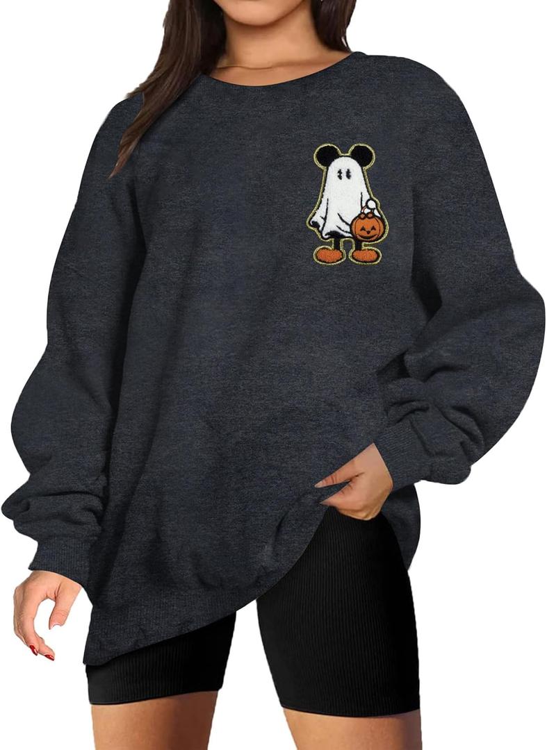 BANGELY Halloween Sweatshirt Women Oversized Cute Spooky Ghost Graphic Shirt Halloween Sweater Fall Long Sleeve Pullover Top (Black, XL)