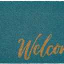 mDesign Non-Slip Rectangular Coir and Rubber Entryway Welcome Doormat with Natural Fibers for Indoor or Outdoor Use - Decorative Script Design - Turquoise Blue/Natural/Beige (1'5" x 2'6" (Rectangular))