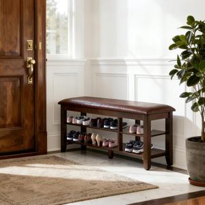 PY HOME & SPORTS Shoe Rack for Entryway 39.4": 2-Tier Shoe Storage Bench, Adjustable/Removable Shelves, Rubberwood Shoe Benches for Hallway, Porch, Bathroom, Brown